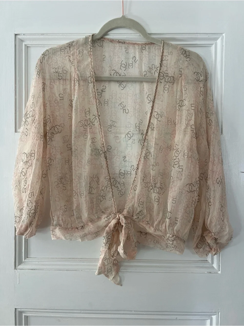 CHANEL Sheer Pale Beige Tie-Front Blouse